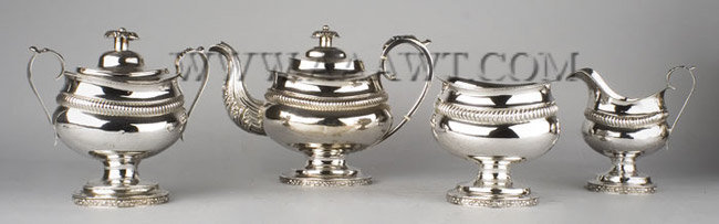 Silver, Tea Service, Assembled
Teapot, Covered Sugar, Creamer, and Waste Bowl
19th Century, entire view